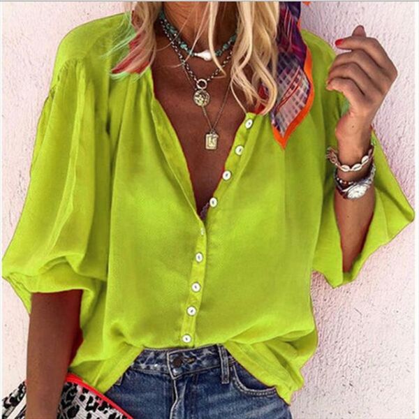 

female casual loose belt button new shirt large size womens fashion solid color v neck half sleeved shirt for ladies, White