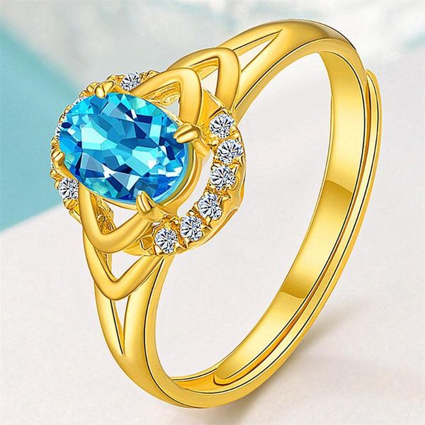 

cluster rings elegant blue crystal aquamarine z gemstones diamonds for women gold tone jewelry bijoux bague gift party accessories, Golden;silver