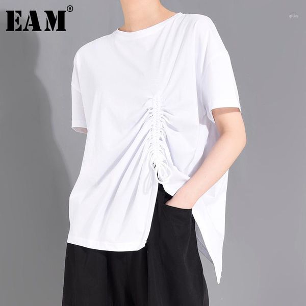 

eam] women white drawstring irregular stitch t-shirt new round neck short sleeve fashion tide spring summer 2020 1w252001