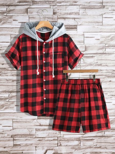 

men buffalo plaid patched pocket drawstring hooded shirt & shorts j9pm#, Gray