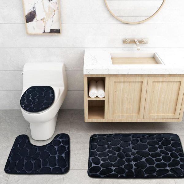 

bath mats black 3d cobblestone bathroom mat toilet covers solid color 3pcs/set floor carpets for home decor quality foot pad doormats1