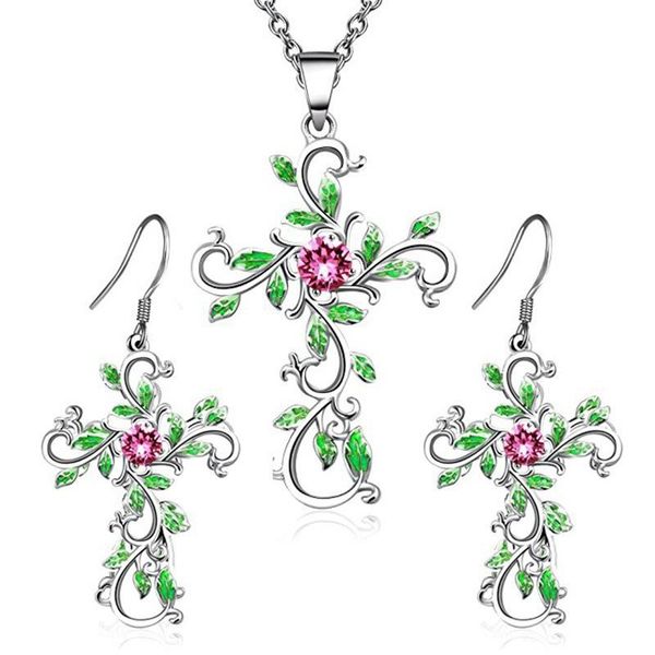 

crystal hollow flower cross pendant necklace earring set for woman 2020 new fashion gold silver rose gold banquet jewelry gift