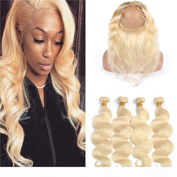 

russian blonde human hair 4bundles with 360 frontal body wave #613 bleach blonde virgin hair 360 full lace closure 22.5x4x2 with weaves, Black;brown