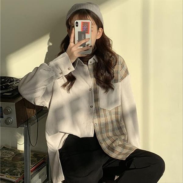 

splicing corduroy jacket spring 2020 new female korean version of the loose wild long sleeved shirt tide, Black;brown