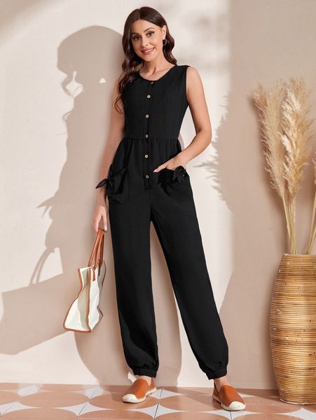 

emery rose button front knot detail jumpsuit k9tm#, White