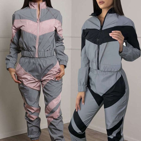 

leisure summer 2020 women's stitching reflective sports suit two piece set 9568#, Gray