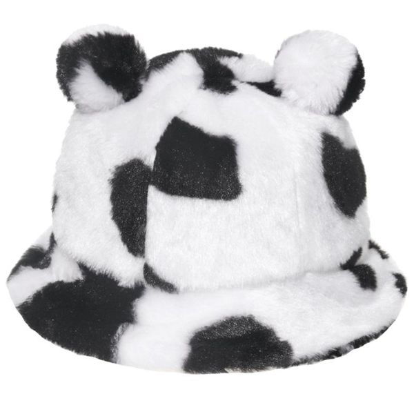 

wide brim hats women winter fuzzy plush bucket hat bear ears leopard zebra cow fisherman cap h8wf, Blue;gray
