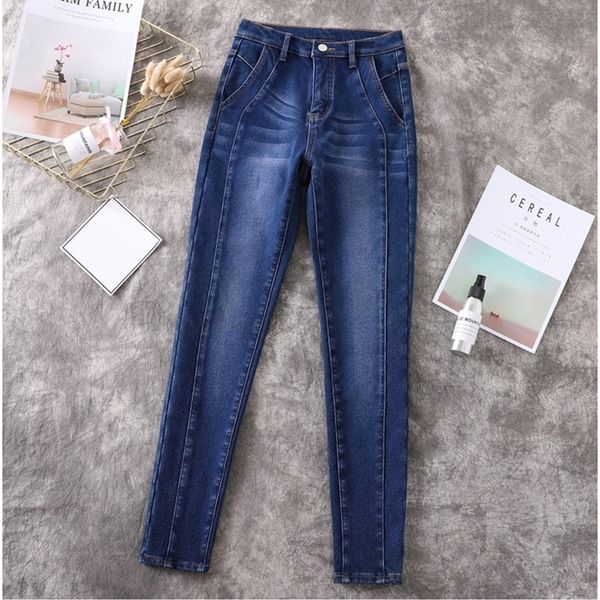 

woman jeans plus size soft thinck velvet winter warm trousers high waist patch work stretch skinny pencil pants denim ladies 5xl 201029, Blue