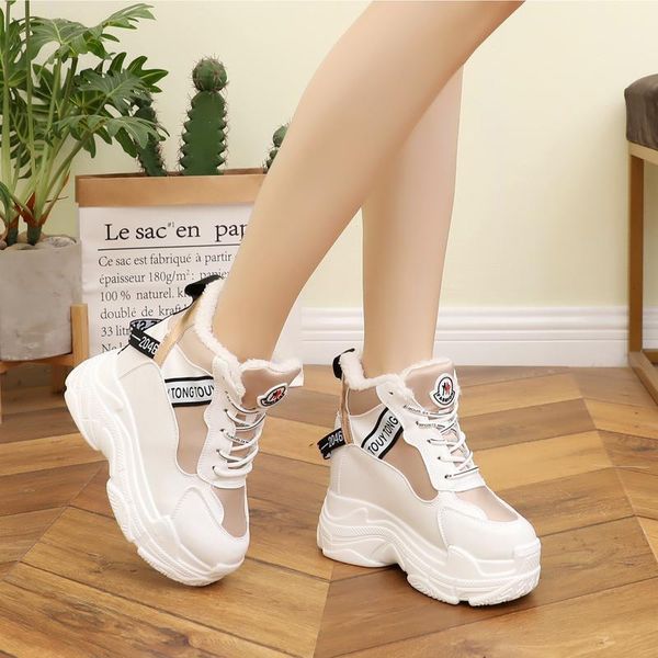 

12cm white shoes women high sneakers women platform ankle boots basket femme chaussures femmes height increase plush shoes1, Black