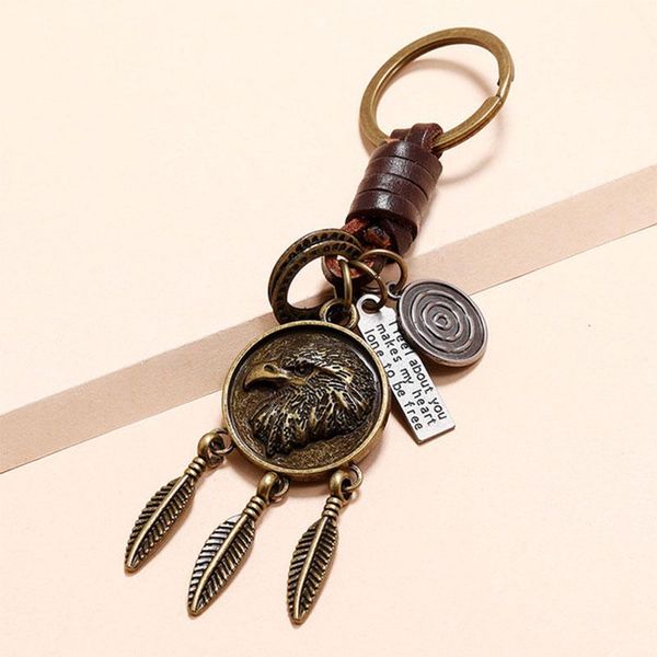 

keychains vintage eagle pendant hand woven leather for men car key chain women tassel feather keyring charm jewelry friends gift, Silver