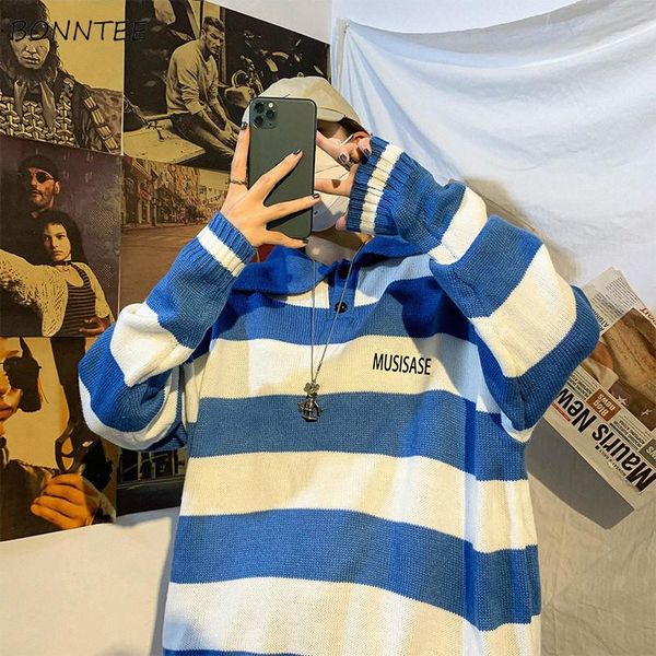 

men's sweaters men pullovers striped turn down collar harajuku streetwear ulzzang casual baggy fashion male sweater knitting korean sty, White;black
