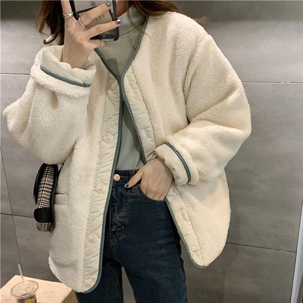 

women's down & parkas autumn and winter 2021 thickened imitation lamb wool cotton dress korean loose coat ins hong kong style, Black