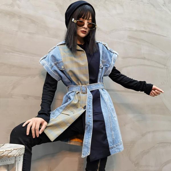 

deat 2020 new autumn and winter sleeveless striped contrast colors denim patchwork high waist waist jacket wo08301 big size1, Black;brown