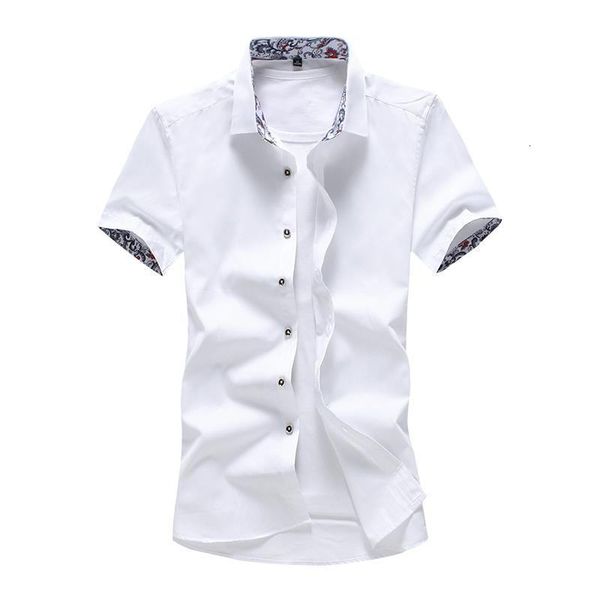 

summer new men's sweaters handsome casual short sleeved shirt neckline and cuffs floral decoration solid color slim shirt, White;black