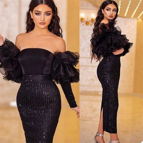 Neueste schwarze Meerjungfrau-Abschlussballkleider Bateau Bling Pailletten Abendkleider Satin Dubai Arabisch Sweep Zug Maßgeschneiderte formelle Robe De Mari￩e