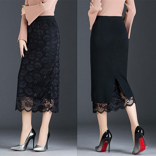 

autumn and winter skirt long section jupe femme two sides wearing lace midi skirt split bag hip skirt wool winter, Black