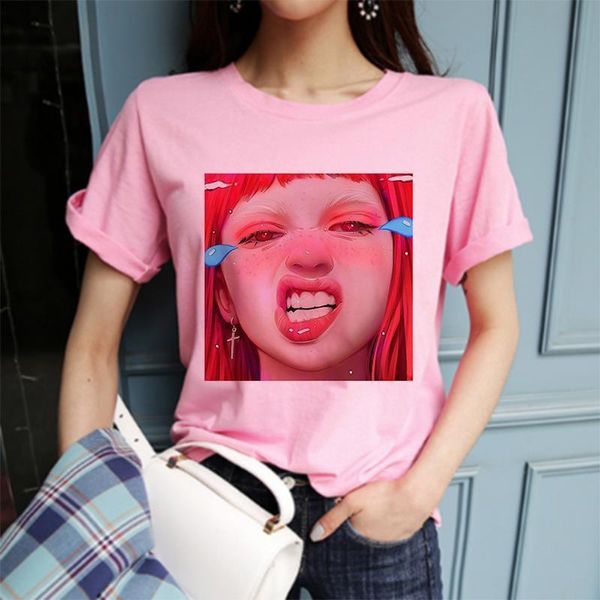 

women clothing t-shirt pink 2020 summer spoof funny fashion print kpop korean harajuku vintage streetwear personality female, White