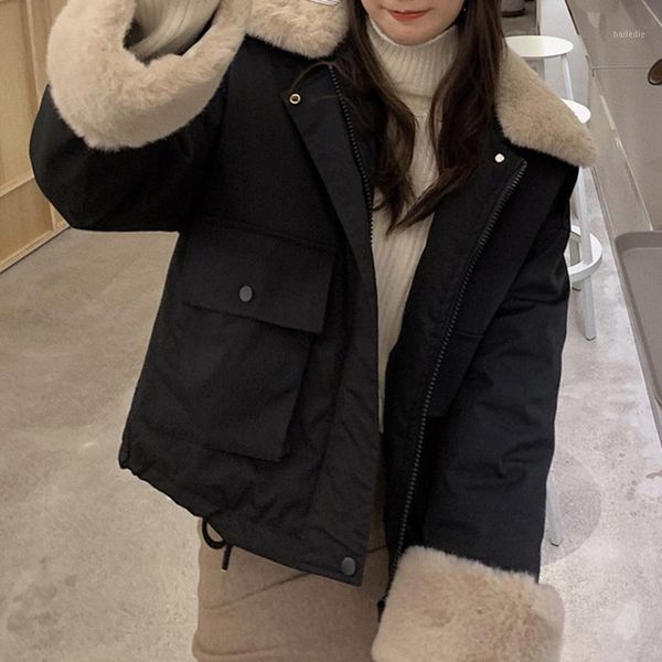 

winter 2020 new trendy casual cotton padded jacket preppy style fur collar patchwork bread parkas women thick outwear winter1, Black
