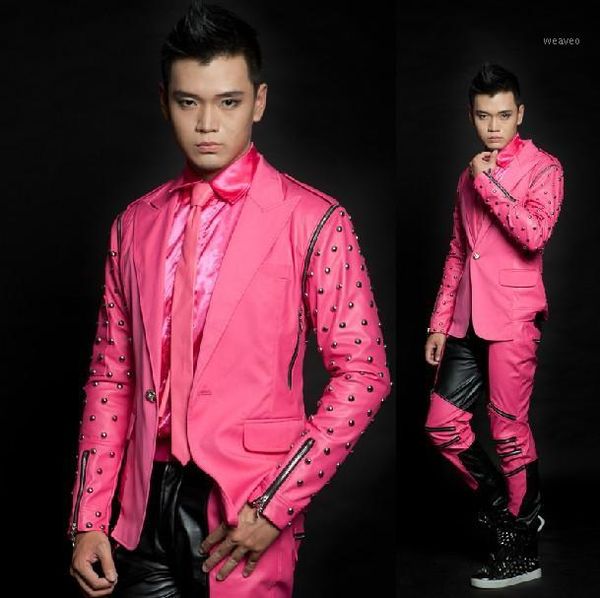 

men's brand ds removable sleeve suit jacket stitching diamond rivets blazers stage singer jacket / xs-xxl1, White;black