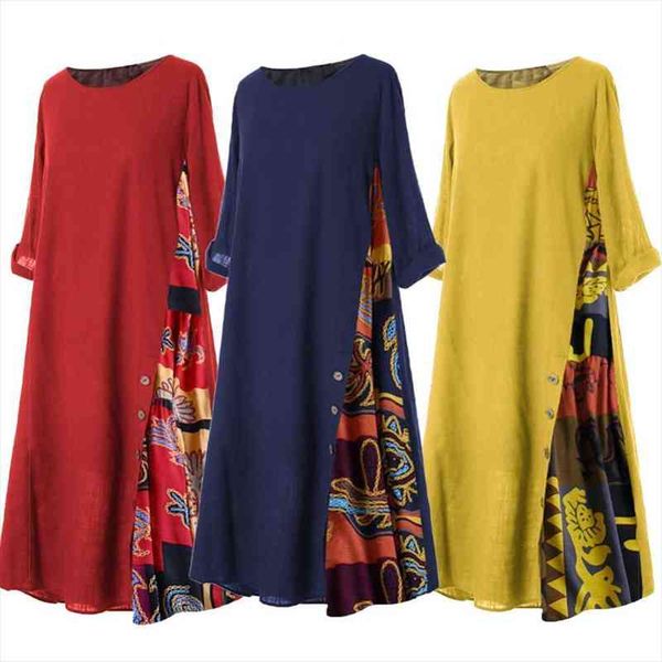 

40%plus size women vintage o neck 3 4 sleeve side buttons printed loose long dress, Black;gray