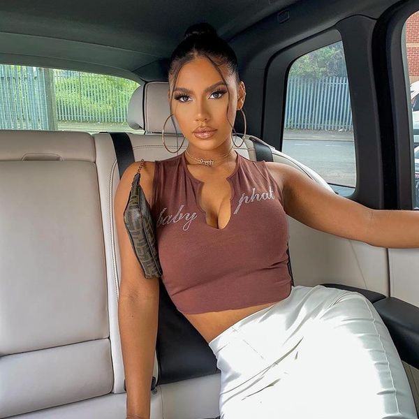 

2020 new diamond letters summer crop v-neck sleeveless tees slim cropped feminino short streetwear, White