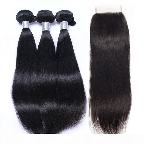 

9a brazilian virgin straight hair bundles with lace closure unprocessed brazillian human hair weave closures natural color remy hair can dye, Black