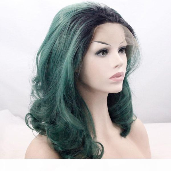 

heat resistant pine green ombre synthetic lace front wigs for women soft short wig black to dark green cosplay party hallowee