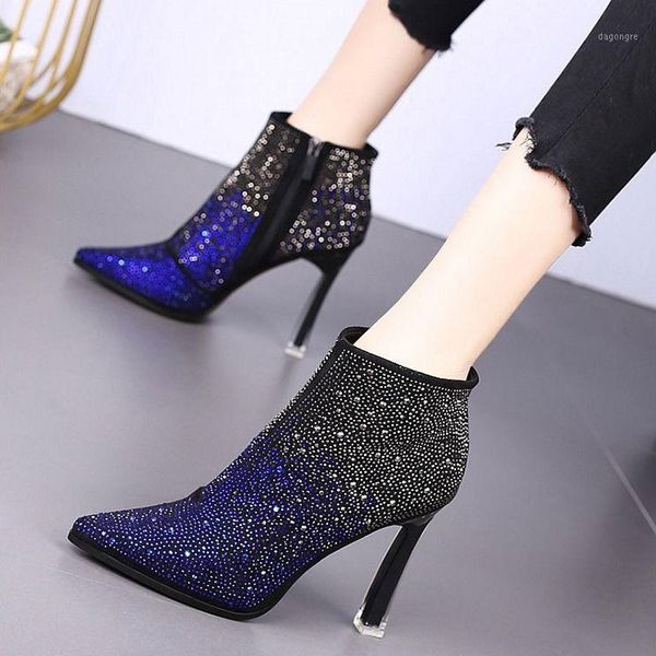 

boots ankle high heel pointy lean boot autumn winter style rhinostone matching color female versatile women1, Black