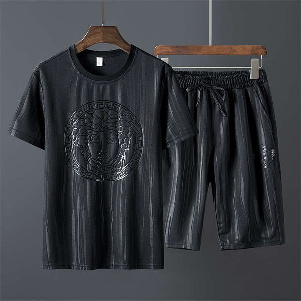 

summer oversized fat loose print men's sportswear short sleeve two piece set, Gray