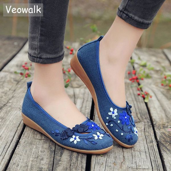 

veowalk brand 3d flowers appliques women linen slip on ballet flats breathable fabric ladies casual chinese shoes ballerina c1120, Black