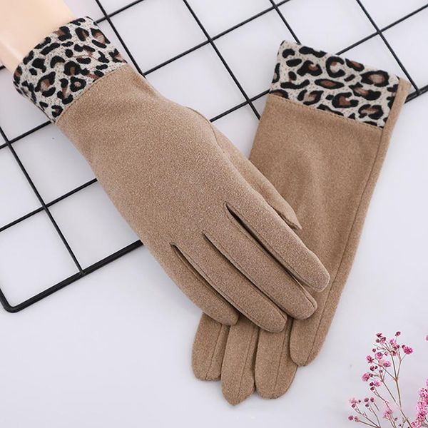 

five fingers gloves streetwear leopard print women full finger mittens with fleece touch screen for index handschoenen, Blue;gray