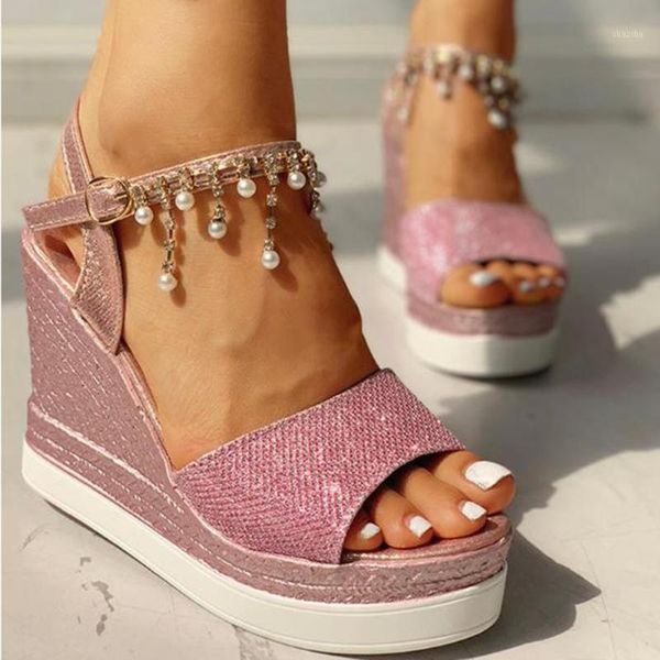 

sandals women summer ladies platform wedges heel shoes fashion dot lace-up female crystal pearl footwear #5.51, Black