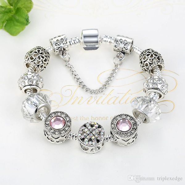 

european retro silver plated crystal clover charm bracelet women's diy pandora boutique beaded bracelet jewelry gift, Golden;silver