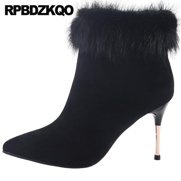 

boots women winter 2021 fur high heel gray short ladies black ankle booties quality fashion pointy pointed toe shoes brand suede