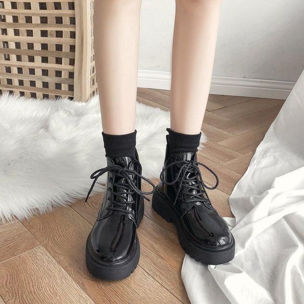 

woman flat boots shoes boots-women booties ladies lace up luxury designer round toe low 2020 rubber lolita autumn rock ankle, Black