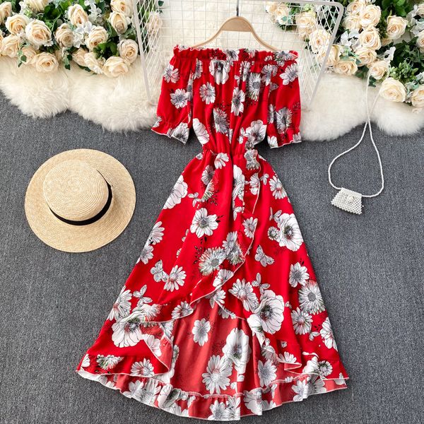 

2021 new sweet singiny impression girly slash neck puff line dressed bohemian summer off the bumpy shoulder dress 5o2s, Black;gray