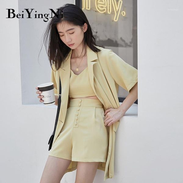 

beiyingni three-piece sets women suit vintage shorts 2020 summer pants blazer tank female office ladies wear casual clothes1, Gray