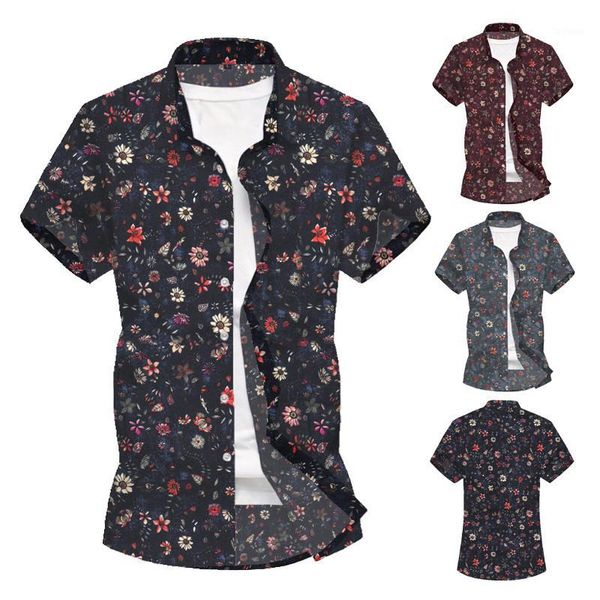 

2020 new vintage ethnic floral style men shirt printing loose cotton short sleeve breathable hawaiian shirts1, White;black