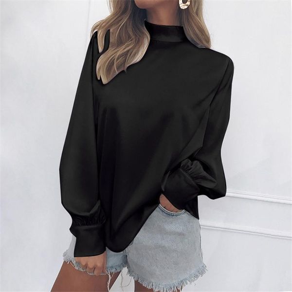 

women blouse 2019 autumn solid color turtleneck blouses casual lantern long sleeve fashion office ladies shirt plus size1, White