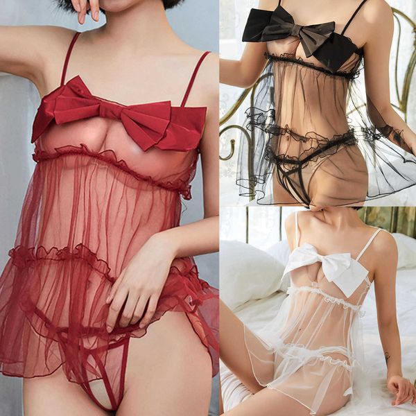 

bra thong set g-string underwear women suspenders bow lace transparent pajamas lingerie, Black;white