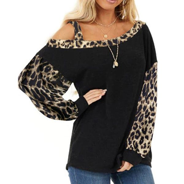 

women's autumn new one shoulder hoodie sweatshirt long sleeve leopard stitching fall casual loose hoodie pullover to, Black
