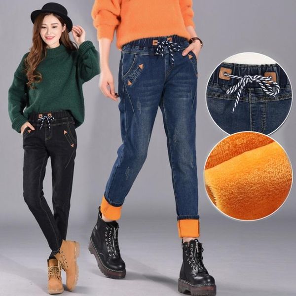 

new large size women's autumn and winter xl-5xl plus velvet thickening cat washed jeans women's high waist stretch slim fe, Blue
