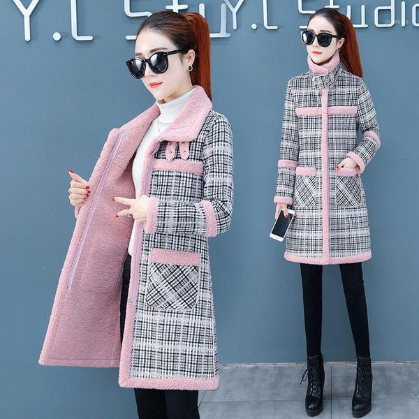 

plaid thickened plus velvet mid-length cotton coat jacket women 2020 winter new style lamb wool popular women's woolen coat l81, Black