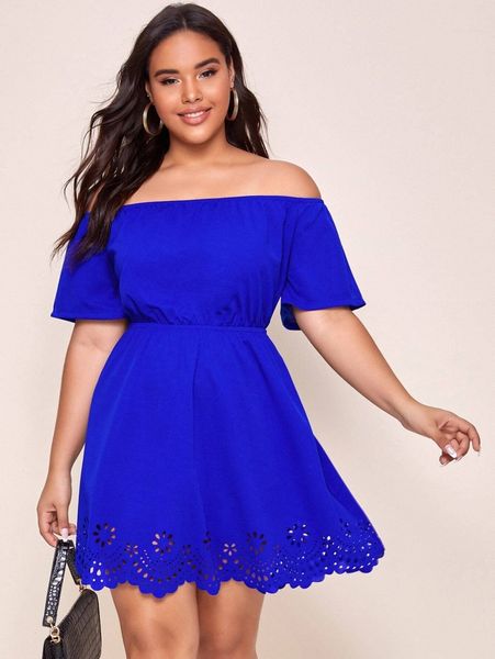 

plus off shoulder scallop laser cut hem dress t0ql#, Black