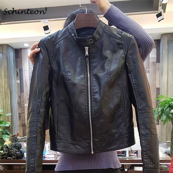 

2020 women spring o-neck pu leather slim jacket black coat motorcycle biker outwear s-2xl faux leather, Black;brown