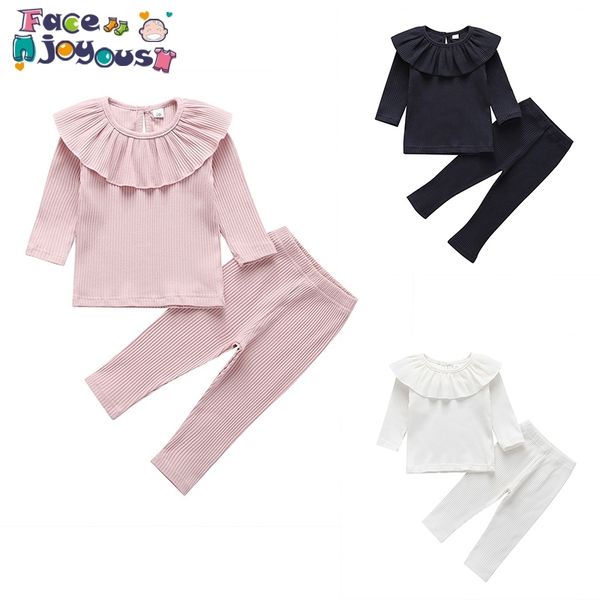 

new fashion baby girl set full sleeve kids soft for children girls ribbed set t shirt and pants suits y200325, White