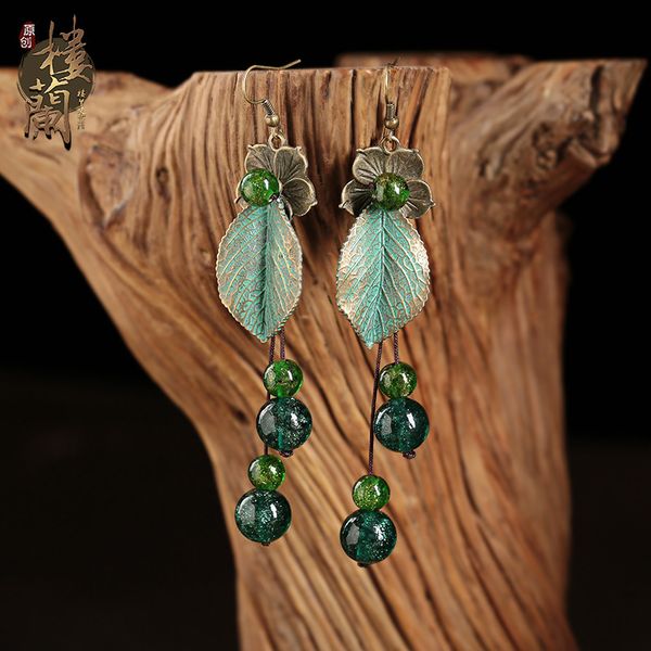 

zzleaves national style loulan green glass inn long temperament female earrings, Silver
