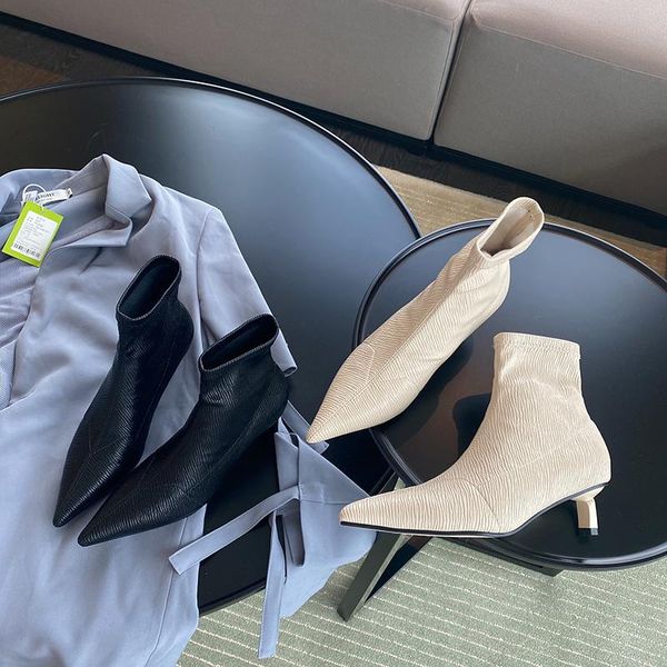 

pointed toe women sock boots slip on thin heels fashion ladies autumn boots casual gladiator comfortable party shoes, Black