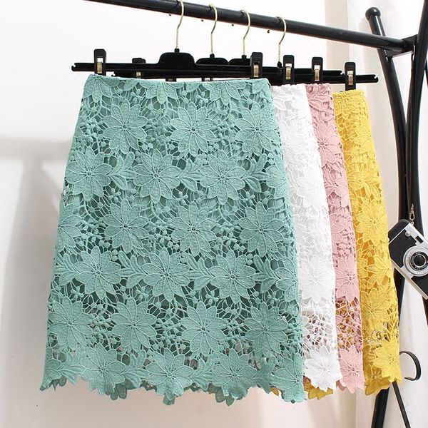 

2021 new korean crochet hollow out lace skirt women elegant office high waist pencil black white green pink purple woman skirts lrrm