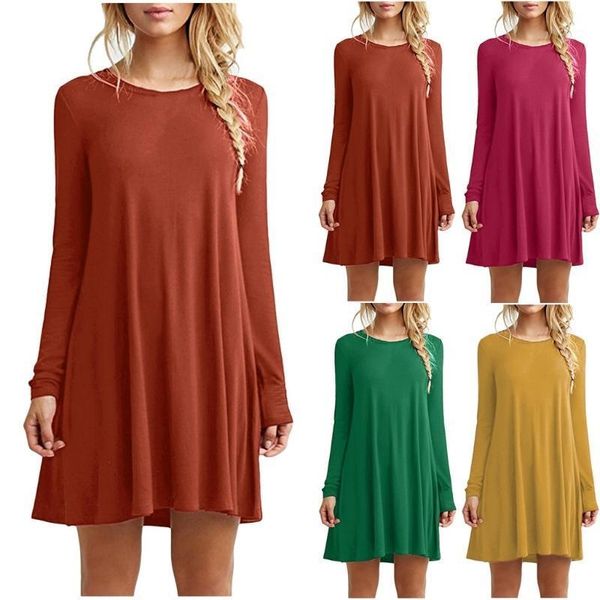 

women dress casual solid long sleeve round neck loose dress ruffle mini female autumn winter plus size m840#1, Black;gray